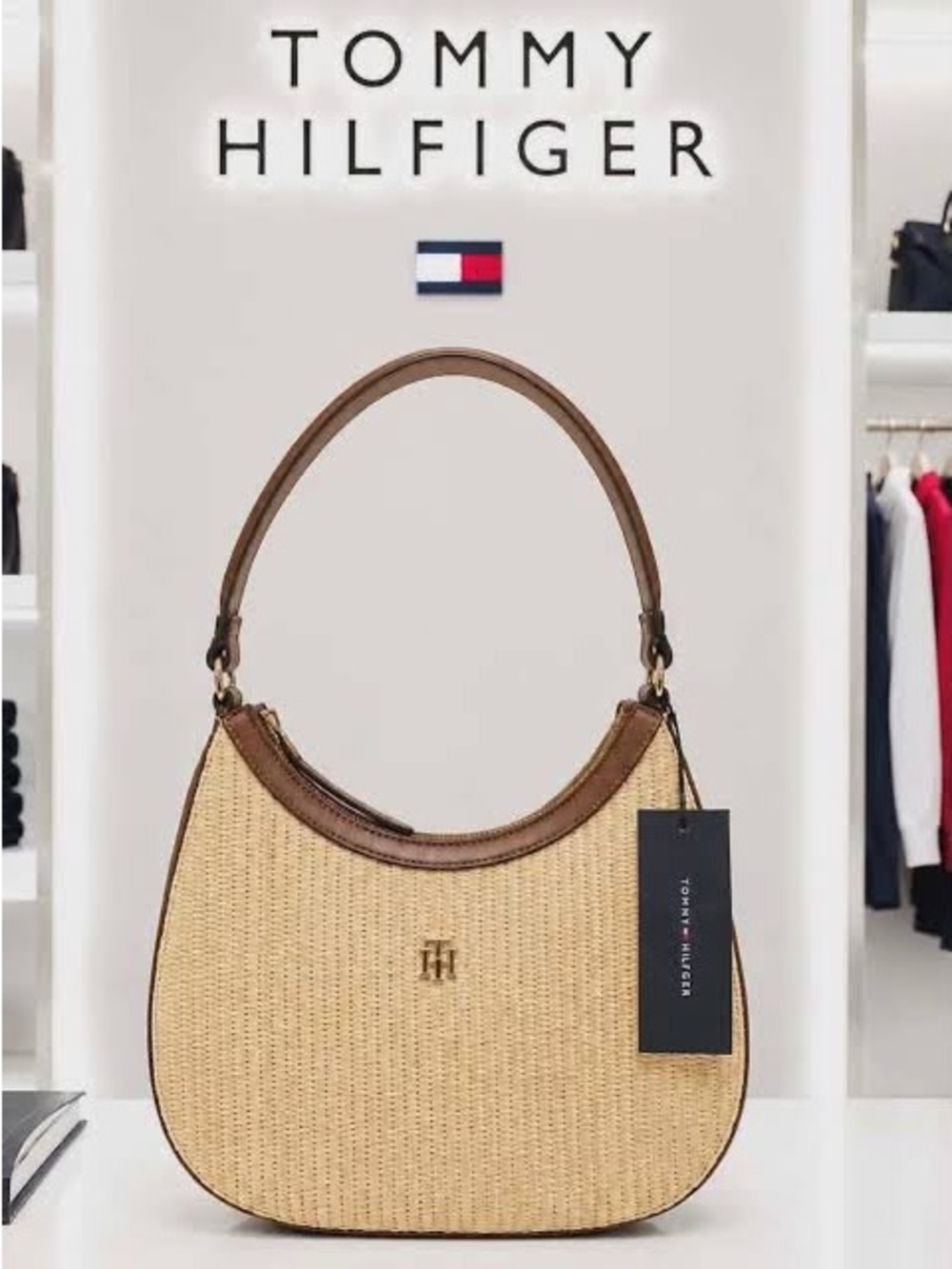 Tommy Hilfiger Beige Straw Hobo with Brown Trim and Single Shoulder Strap